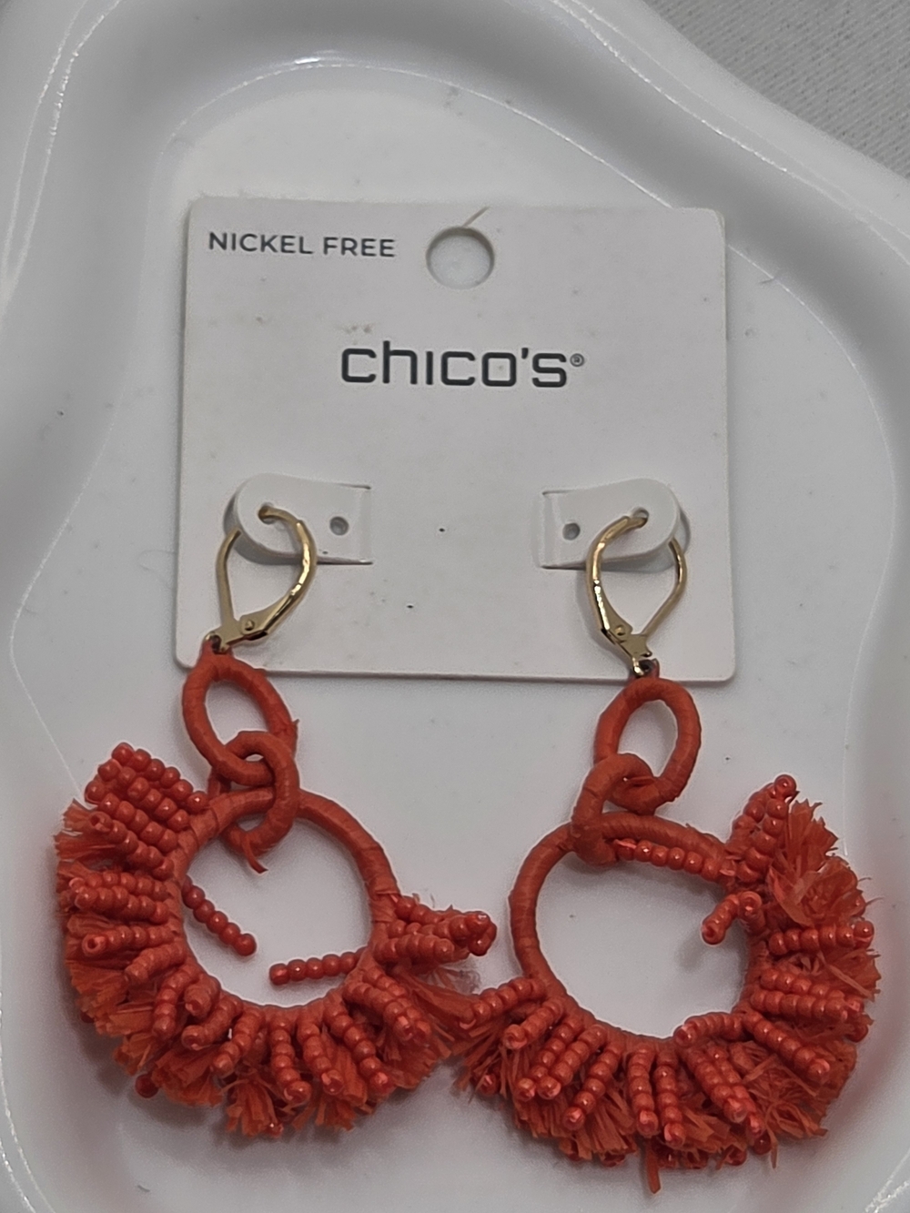 NWT Chico’s Red Orange Raffia Fringe & Beaded Statement Hoop Earrings Boho 🧡🔥